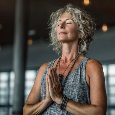 Persoană matură practicând yoga în natură