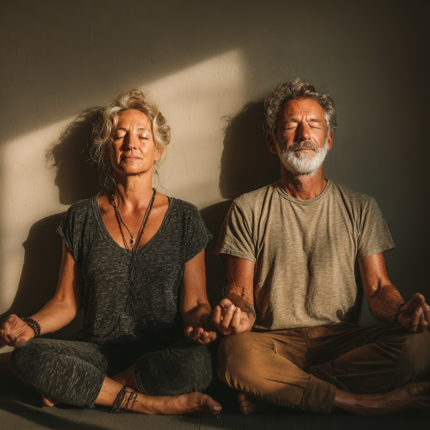 Grup de seniori în poziții de echilibru